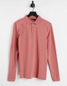 Asos Design Organic Muscle Fit Long Sleeve Jersey Polo In Washed Pink