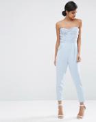 Asos Lace Bandeau Peg Leg Jersey Jumpsuit - Blue