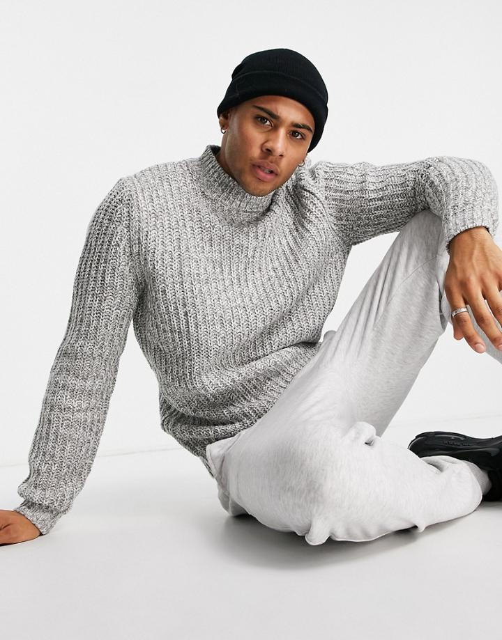 Asos Design Heavyweight Fisherman Rib Turtle Neck Sweater In Gray Twist