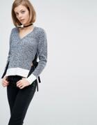 Lost Ink Knitted Boyfriend Sweater With Bow Side Detail - Navy