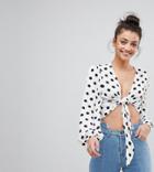 Missguided Tall Polka Dot Tie Front Blouse - White