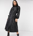Asos Design Tall Leather Look Midi Shirt Dress With Shirred Waist In Black