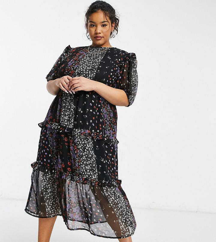 Violet Romance Curve Tiered Midaxi Dress In Floral Print With Ruffle Detail-multi