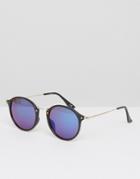 Asos Round Sunglasses With Metal Arms And Blue Revo Lens - Black