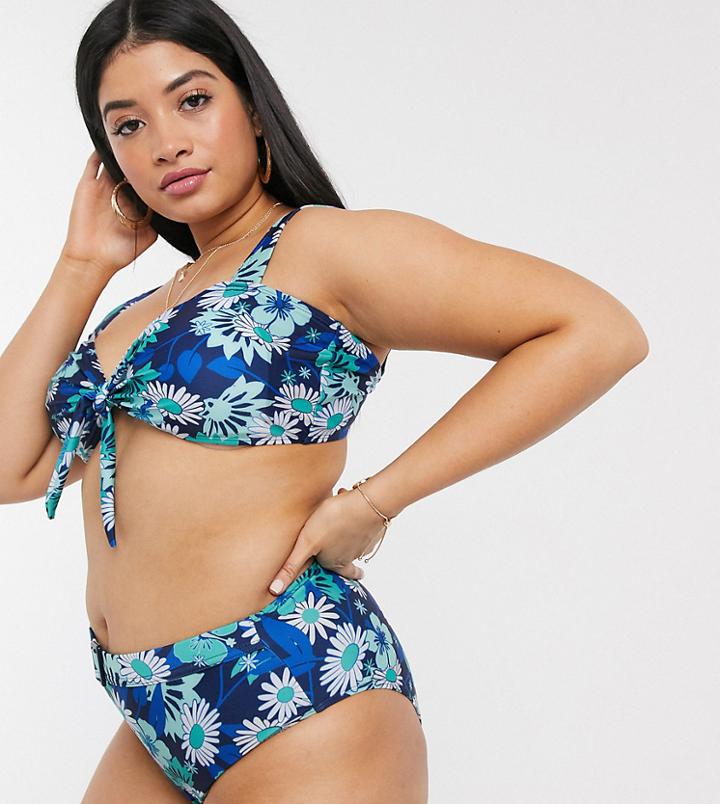 Brave Soul Plus Printed Tie Front Bikini Top With Wide Straps And Buckles-blues