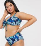 Brave Soul Plus Printed Tie Front Bikini Top With Wide Straps And Buckles-blues