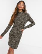 Vero Moda Body-conscious Mini Dress With High Neck In Tan Zebra Print-multi