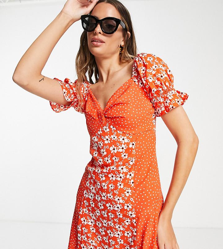 Influence Tall Puff Sleeve Front Tie Mini Dress In Mixed Red Floral