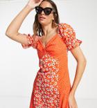 Influence Tall Puff Sleeve Front Tie Mini Dress In Mixed Red Floral