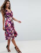 Asos Blouson Floral Velvet Wrap Midi Dress - Multi