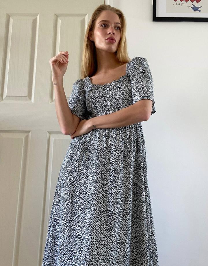 & Other Stories Floral Print Smocked Back Maxi Dress In Black