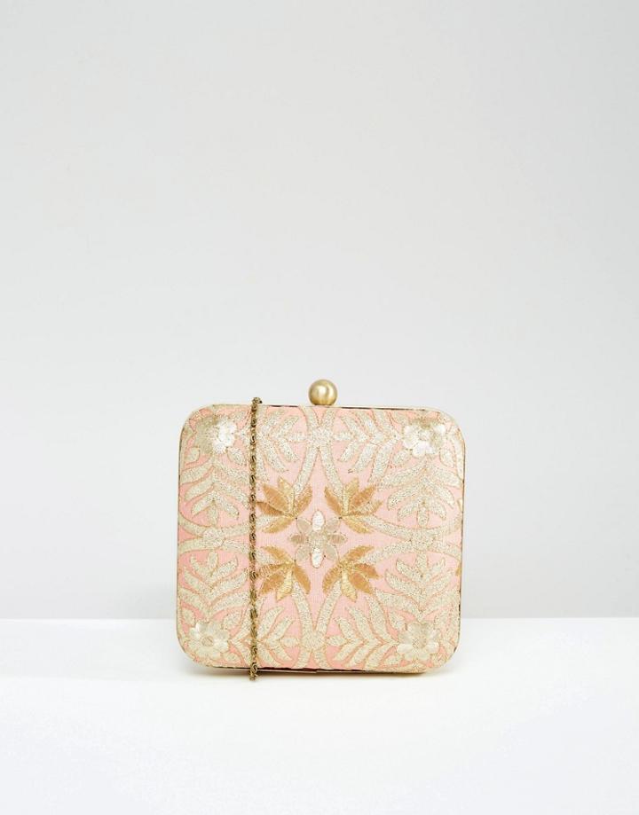 Park Lane Hand Embroidered Box Clutch Bag - Pale Coral