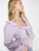 Topshop Premium Textured Frill Peplum Top In Lilac-purple