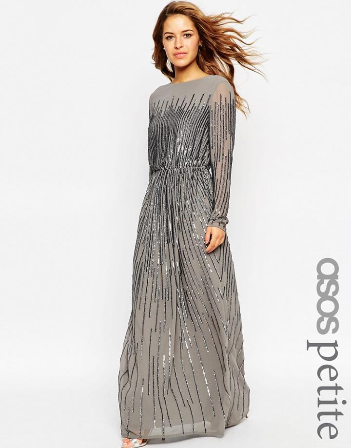 Asos Petite Linear Sequin Long Sleeve Maxi Dress - Gray