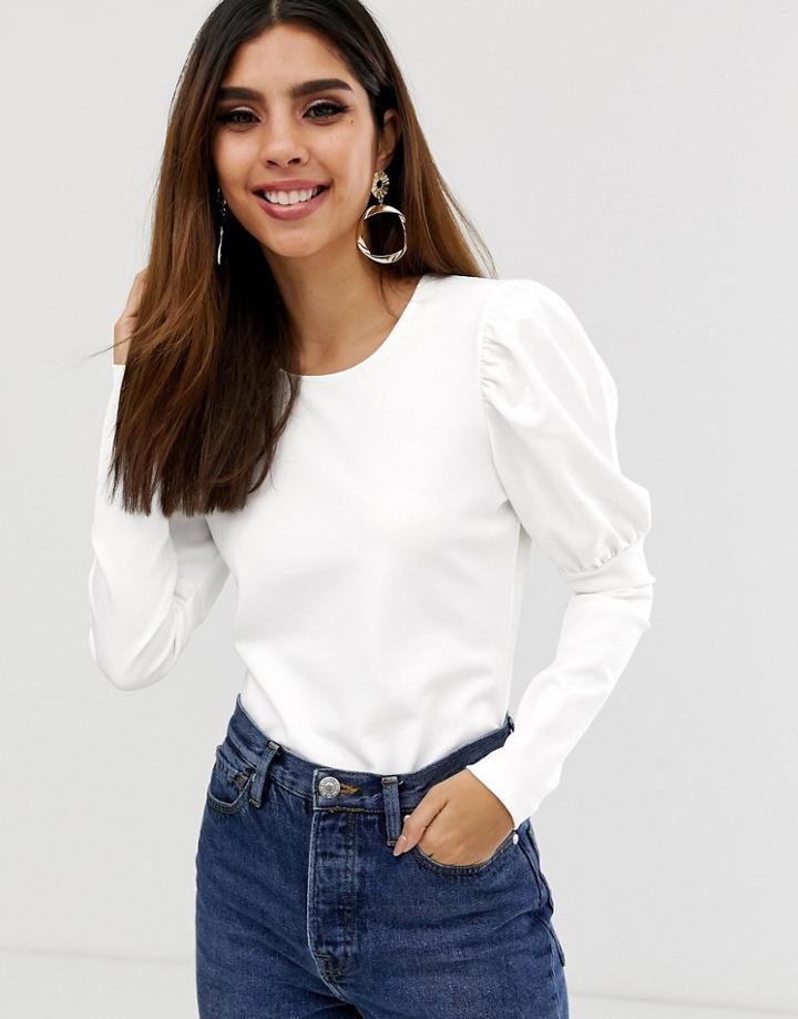 Asos Design Top With Puff Sleeve In Scuba Crepe - Cream