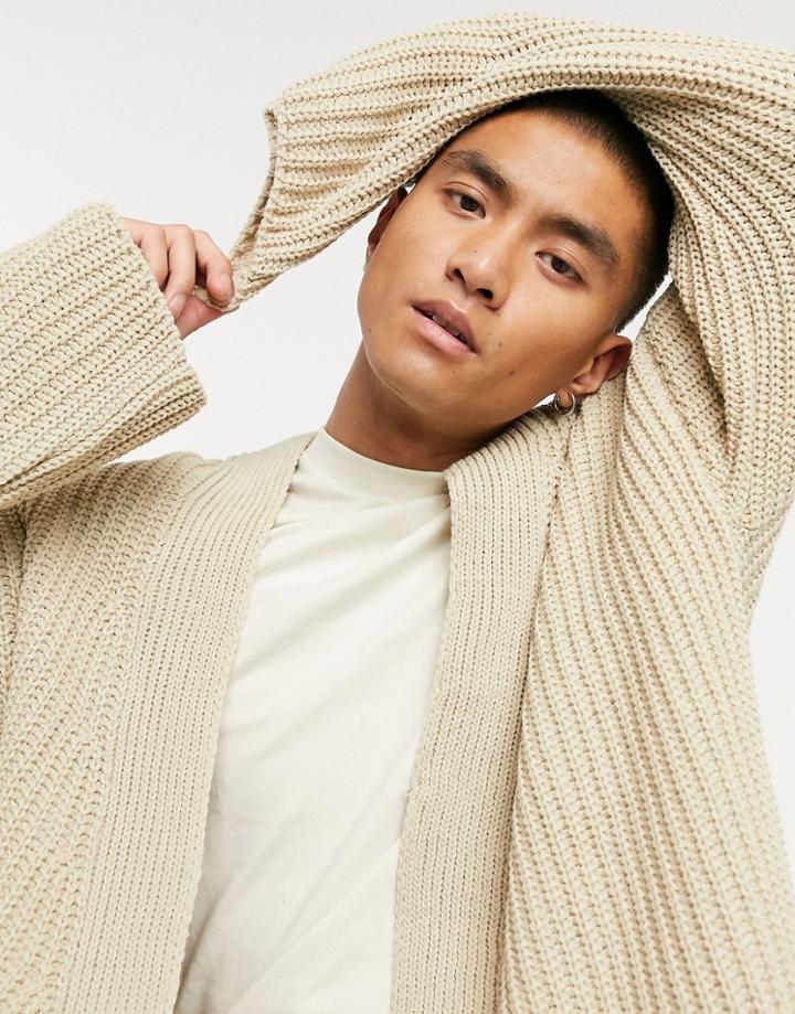 Asos Design Fisherman Rib Edge To Edge Cardigan In Oatmeal-neutral