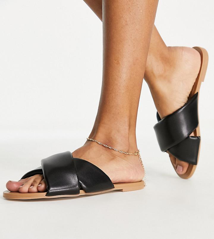 Asos Design Wide Fit Flock Padded Flat Mules In Black
