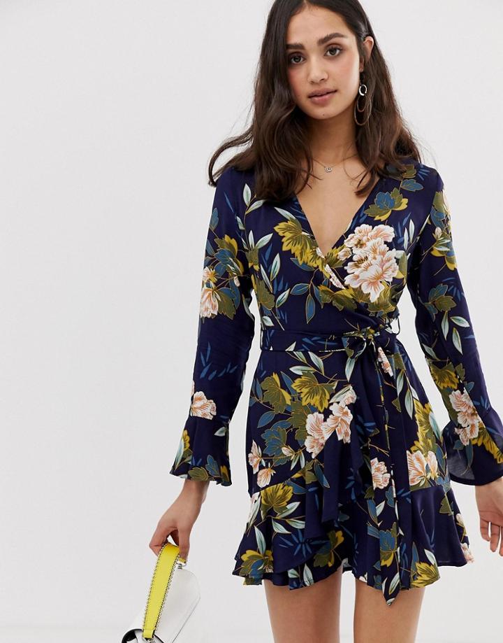 Parisian Cross Front Dress In Floral Print With Self Tie Belt-navy