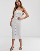 Asos Design Rib Bandeau Midi Bodycon Dress With Faux Horn Buttons-white