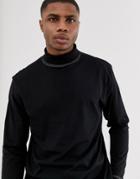 Asos Design Relaxed Long Sleeve T-shirt With Roll Neck And Contrast Stitching In Black - Black