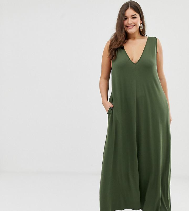 Asos Design Curve Plunge Trapeze Maxi Dress-green