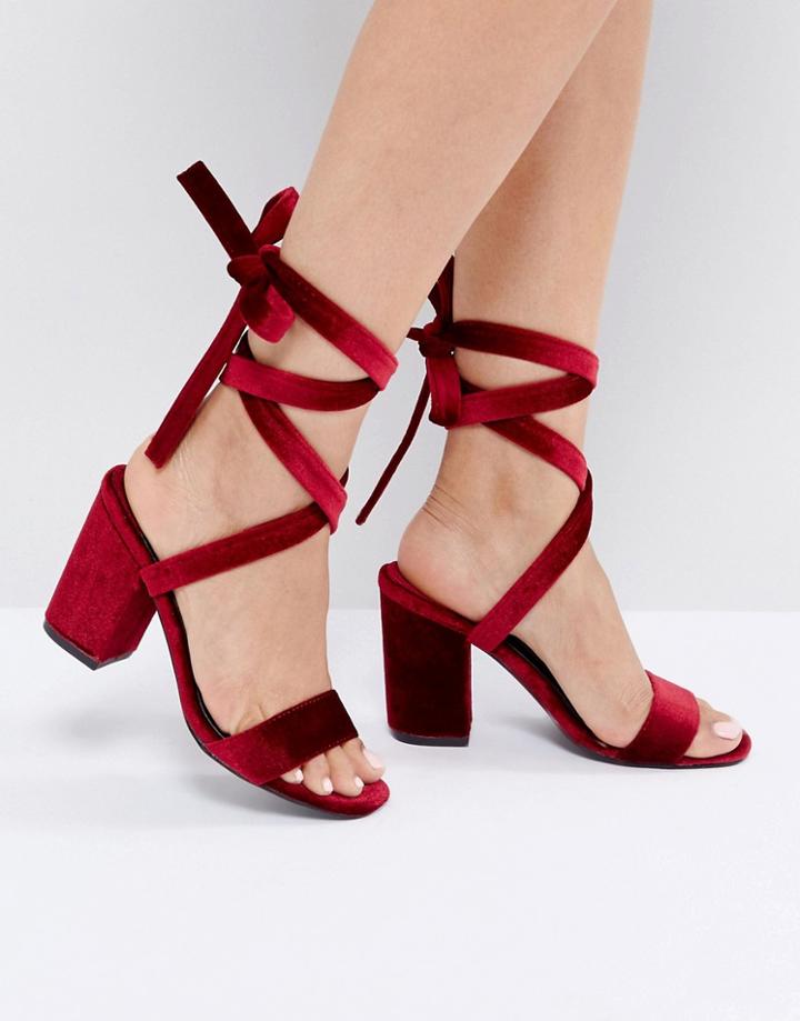 Park Lane Tie Ankle Block Velvet Heel Sandal - Red