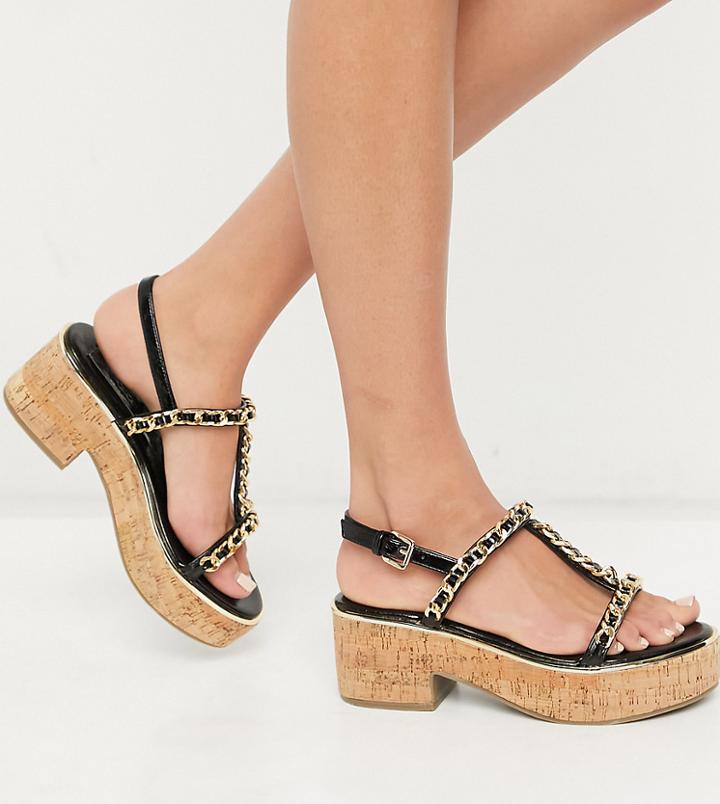 Asos Design Wide Fit Welcoming Chain Detail Flatform In Black
