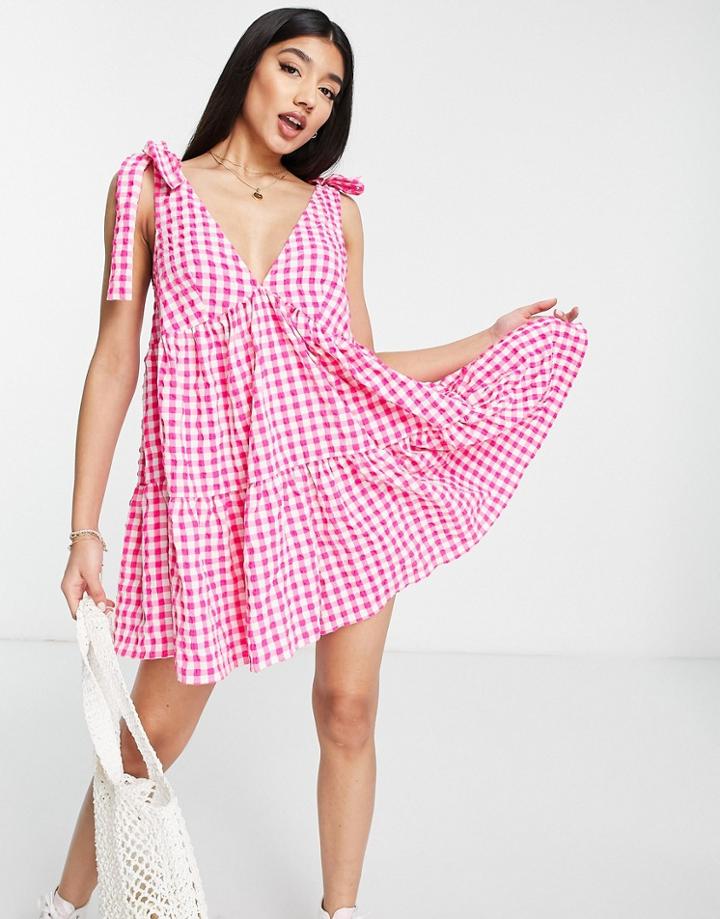 Asos Design Tie Shoulder Smock Romper In Pink Gingham-multi