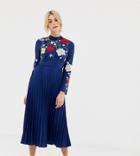 Asos Design Tall Pleated High Neck Midi Dress With Embroidery - Navy