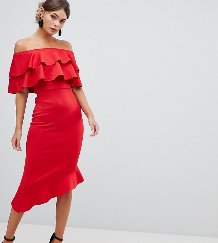 Silver Bloom Frill Front Bardot Midi Dress - Red