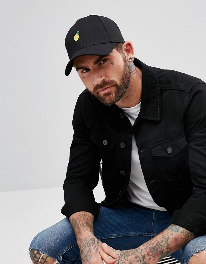 Asos Baseball Cap In Black With Lemon Embroidery - Black