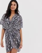 New Look Twist Front Beach Cover Up In Snake - Multi