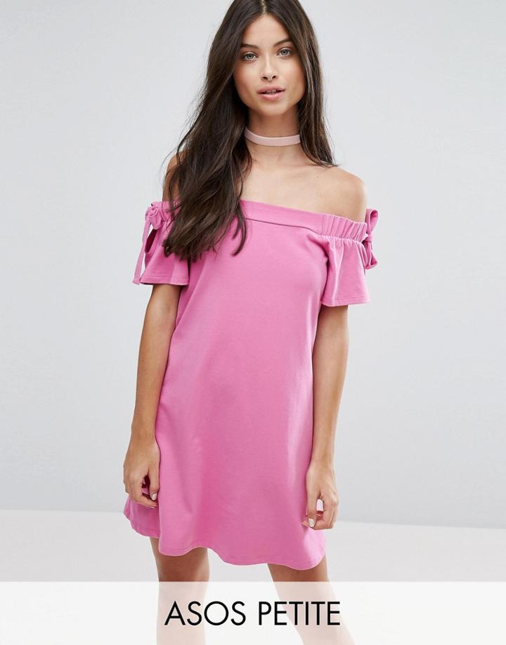 Asos Petite Off Shoulder Dress With Tie Sleeve Detail - Pink