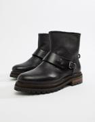 Hudson London Black Leather Biker Ankle Boot With Buckle - Black