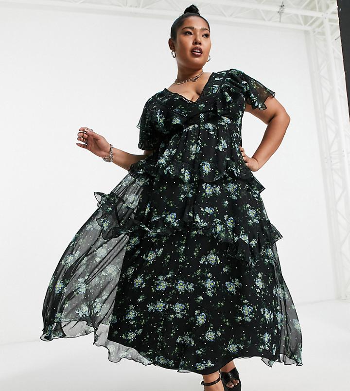 Asos Design Curve Textured Tiered Midi Dress With Lace Insert And Open Back In Print-multi