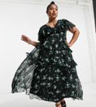 Asos Design Curve Textured Tiered Midi Dress With Lace Insert And Open Back In Print-multi
