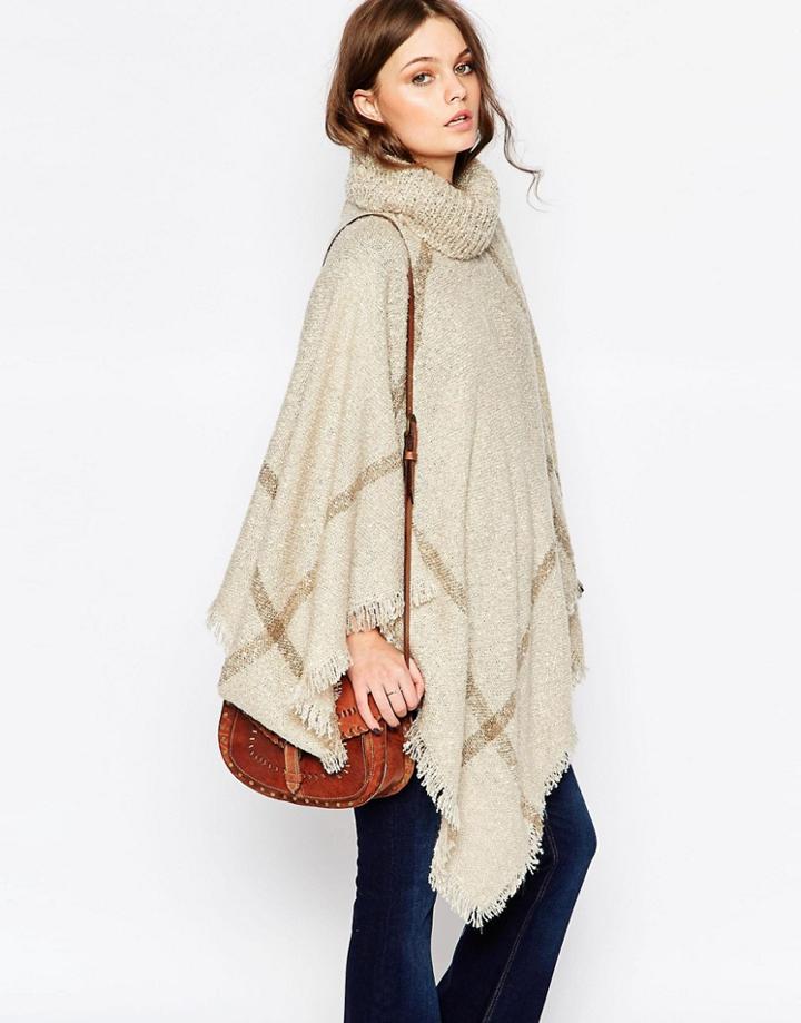 New Look Roll Neck Check Poncho - Cream