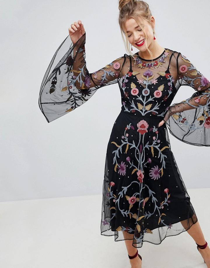 Asos Embroidered Mesh Midi Dress - Black