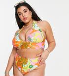 Reclaimed Vintage Inspired Plus Recycled High Waisted Bikini Bottom In Bright Retro Floral Print-multi