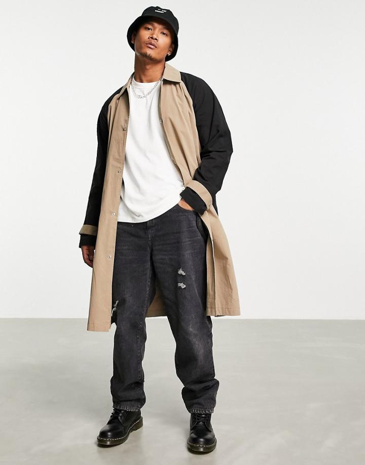 Asos Design Relaxed Trench Coat With Contrast Sleeves In Stone-neutral