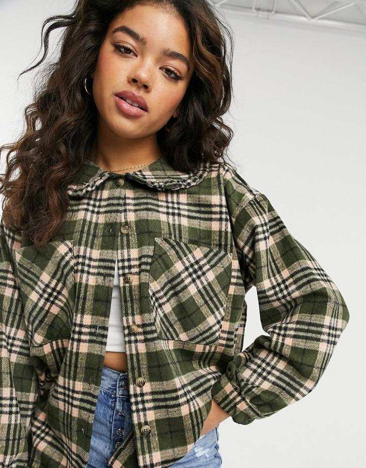 Pieces Oversized Shirt With Prairie Collar In Green Plaid-multi