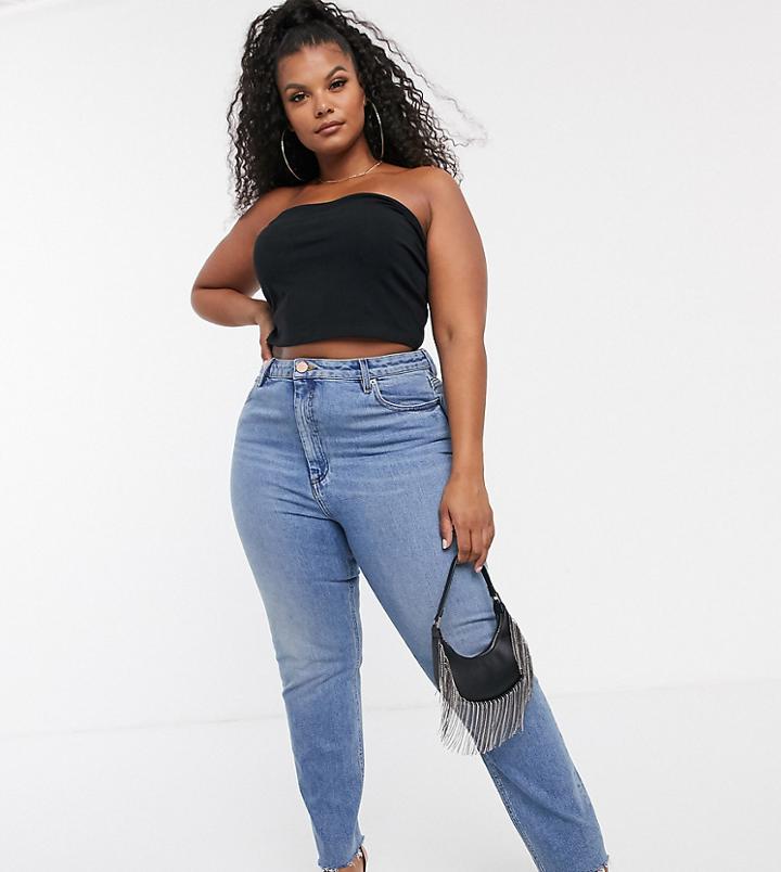 Asos Design Curve Farleigh High Waisted Slim Mom Jeans In Pretty Bright Mid Wash With Raw Hem