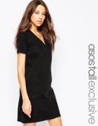 Asos Tall Denim V-neck Dress With Raw Hem In Washed Black With Sleeve - Washed Black