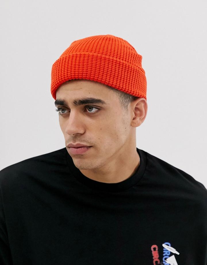 Asos Design Fisherman Beanie In Orange Waffle Knit
