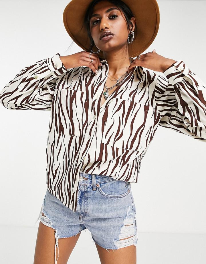 Topshop Zebra Boxy Shirt In Chocolate-brown