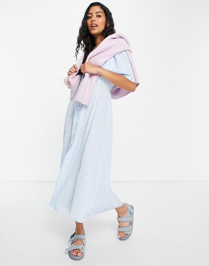 Asos Design Button Through Tie Back Midi Tea Dress With Angel Sleeve In Blue Gingham Print-multi