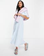 Asos Design Button Through Tie Back Midi Tea Dress With Angel Sleeve In Blue Gingham Print-multi