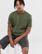 Asos Design Short Roll Sleeve Sweatshirt In Khaki - Green