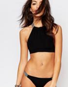 Pull & Bear Geo-tribal T-bar Back Bikini Top - Black