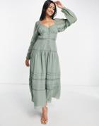 Asos Design Soft Sweetheart Neck Long Sleeve Button Through Midi Dress With Lace Inserts In Khaki-green